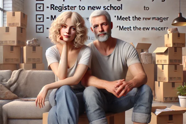 DALL·E 2024-11-22 19.19.04 - A photorealistic image of a couple in their 40s with an Israeli appearance, sitting on moving boxes in a partially packed apartment ready for relocati