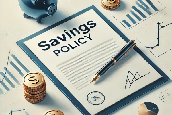 DALL·E 2024-11-22 19.53.59 - A modern and clean digital illustration of a savings policy document. The design includes a polished, professional-looking document titled 'Savings Po
