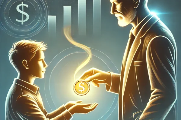 DALL·E 2024-11-22 21.46.34 - A symbolic and professional digital illustration showing an older person transferring wealth to a younger person. The older person is handing a glowin