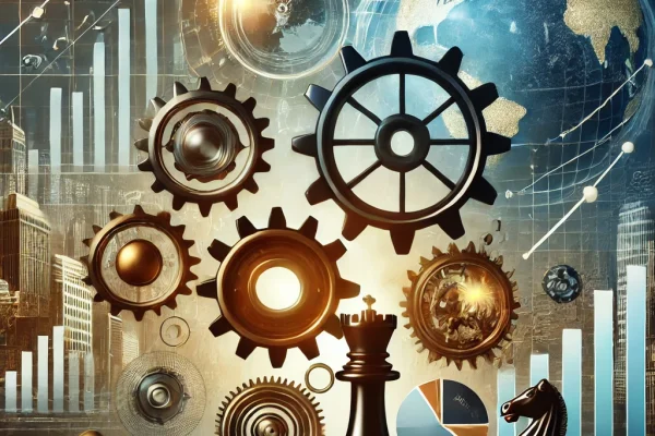 DALL·E 2024-11-23 00.52.38 - A sleek and professional digital illustration representing wealth management and strategy. The image features interconnected gears symbolizing strateg