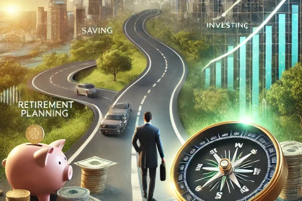 DALL·E 2024-11-23 17.49.58 - A realistic depiction of a financial planning roadmap with the compass actively leading the financial planner. The scene features a winding road with