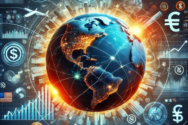 DALL·E 2024-11-26 00.26.30 - A visually striking representation of the Earth as a globe surrounded by financial and economic elements. The globe is central, with glowing trade rou