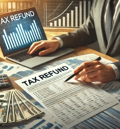 DALL·E 2024-11-26 14.11.46 - A realistic image showing the concept of tax refunds. The scene includes a business professional at a desk reviewing tax documents labeled 'Tax Refund