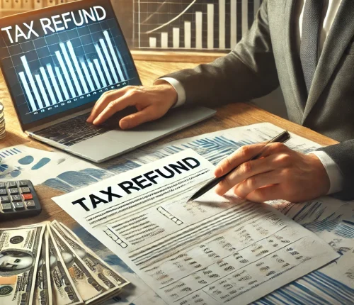 DALL·E 2024-11-26 14.11.46 – A realistic image showing the concept of tax refunds. The scene includes a business professional at a desk reviewing tax documents labeled 'Tax Refund DALL·E 2024-11-26 14.11.46 - A realistic image showing the concept of tax refunds. The scene includes a business professional at a desk reviewing tax documents labeled 'Tax Refund