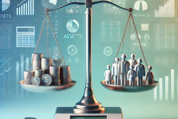 DALL·E 2024-12-16 21.12.08 - A modern and visually symbolic representation of actuarial balance. The image features a sleek balance scale with one side containing stacks of coins