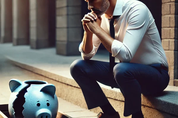 DALL·E 2025-01-02 01.43.08 - A middle-aged man standing in concern next to a broken trough, symbolizing financial uncertainty or worry. The man is dressed in business casual attir