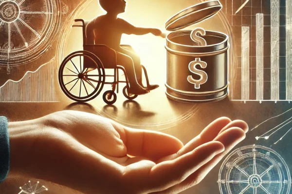 DALL·E 2025-01-02 16.54.04 - An illustrative image depicting a caring parent holding the hand of a child with disabilities, symbolizing financial security and support. The scene i
