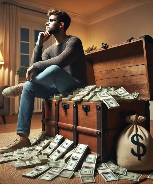 DALL·E 2025-01-06 16.43.29 – A person sitting casually on a half-open large wooden chest, unaware that the chest is overflowing with bundles of cash. The setting is a cozy room wi DALL·E 2025-01-06 16.43.29 - A person sitting casually on a half-open large wooden chest, unaware that the chest is overflowing with bundles of cash. The setting is a cozy room wi