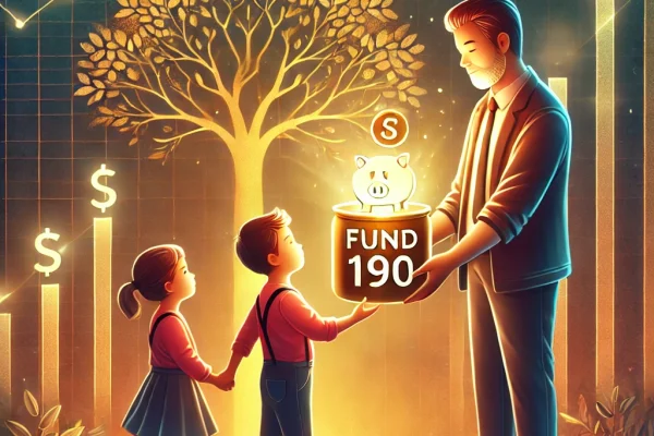 DALL·E 2025-01-06 22.42.05 - A heartwarming illustration of a father passing a symbolic golden savings box labeled 'Fund 190' to his children, representing financial inheritance a