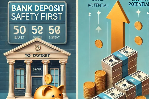 DALL·E 2025-01-06 23.06.34 - A second split-screen image comparing a bank deposit versus a bond portfolio to maturity. The left side features a traditional bank setting with a pig